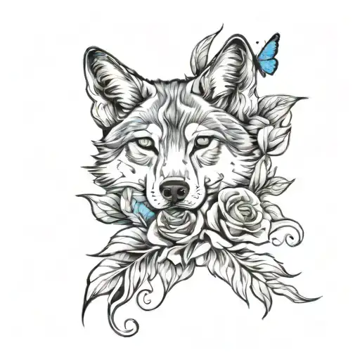 star, wolf, flower rose blue, butterfly emerging tattoo design idea