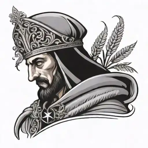 A tattoo design depicting a Hungarian and Croatian saint or martyr in a stylized black and grey portrait tattoo design idea