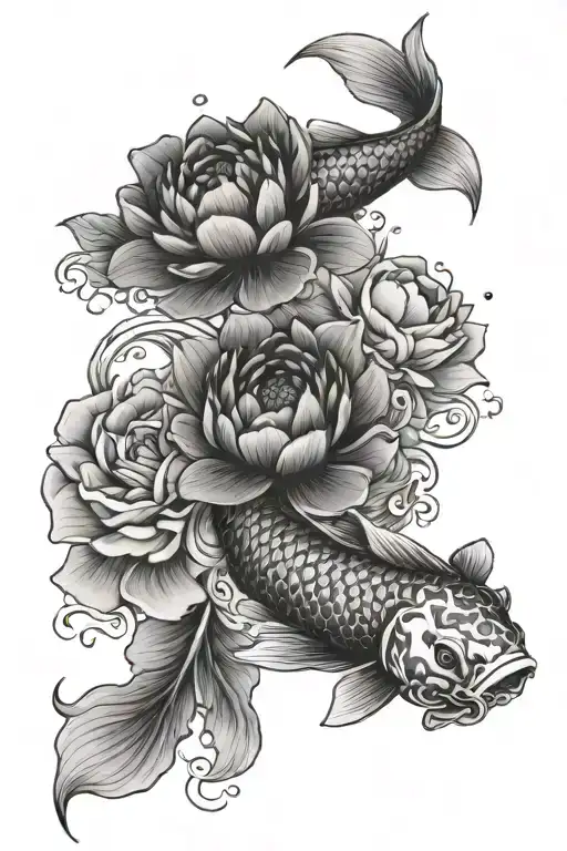 Koi Fish, waves, and peonies flower tattoo tattoo design idea