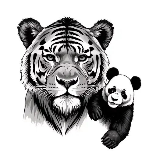 dad tiger, mum lioness, baby gorilla son and baby panda daughter tattoo design idea