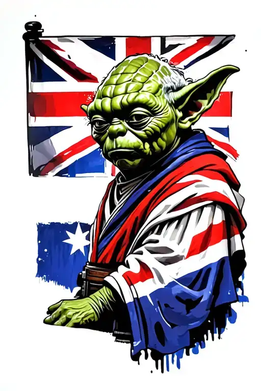 yoda draped in an australian flag, side view surrounded tattoo design idea