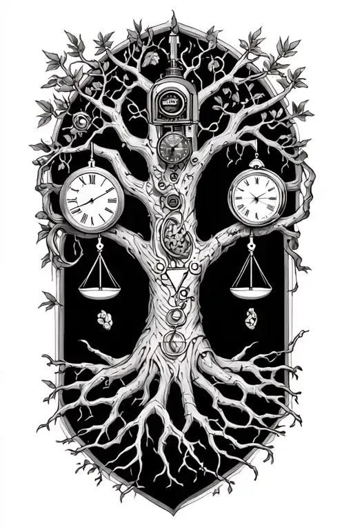 gothic tree of life with midevil roots intertwined with v-twin motor, libra scales and a clock tattoo design idea