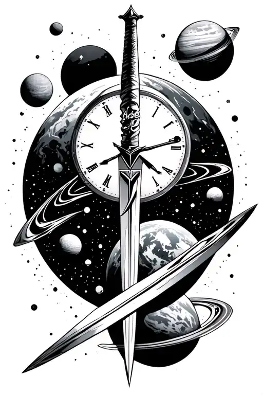 black start space, planets, time clock, sword tattoo design idea