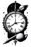 black start space, planets, time clock, sword tattoo design idea