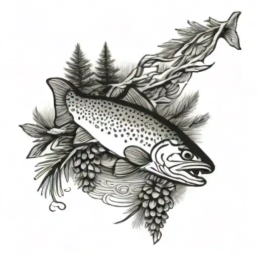 pine trees and brown trout  tattoo design idea