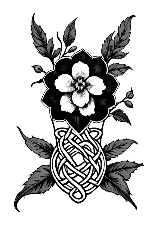 Celtic knot motherhood symbolic with Hawthorne flower as the child's head tattoo design idea