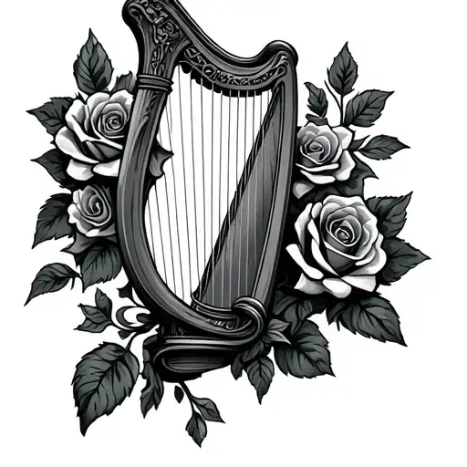 "Kelly" Irish harp and roses intertwined tattoo design idea