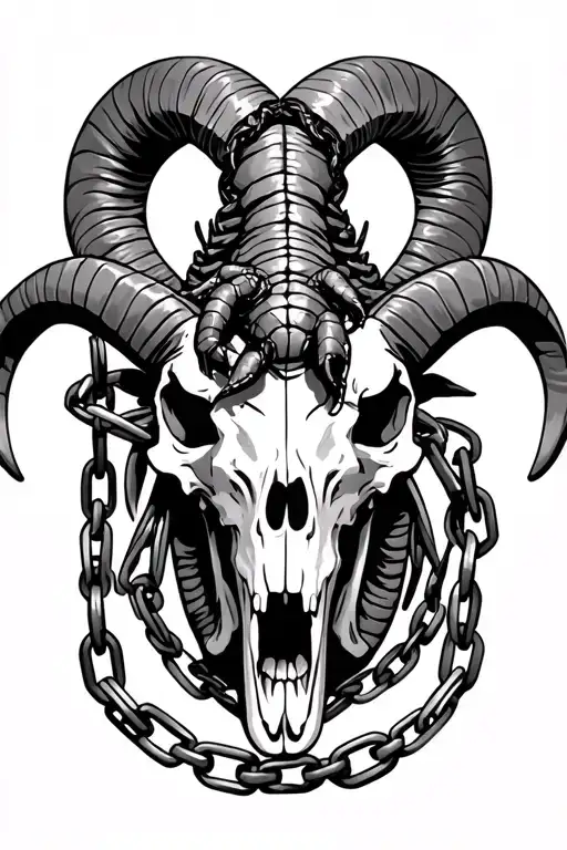 Ram skull sitting in chains with a scorpion on its head tattoo design idea