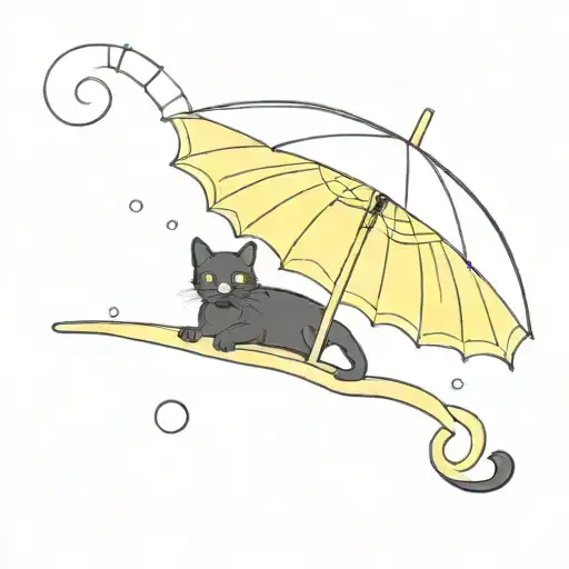 (the style of the TV series how I met your mother) a black cat lies impressively under a yellow umbrella, and under it t tattoo design idea