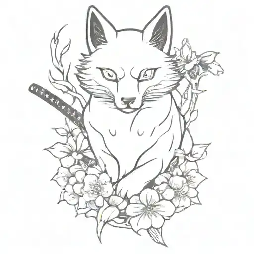 Traditional style chest tattoo: kitsune mask with katana on the back, sakura flowers on the sides tattoo design idea