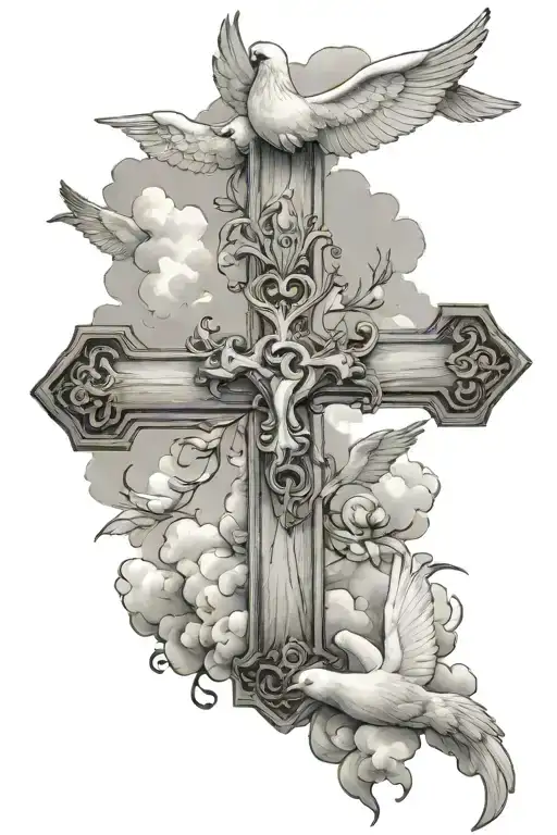 Arm Sleeve Tattoo realistic with doves flying, clouds, and a wooden cross tattoo design idea