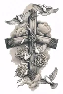 Arm Sleeve Tattoo realistic with doves flying, clouds, and a wooden cross tattoo design idea