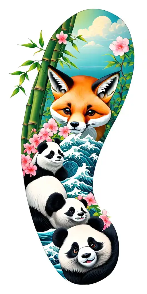 Japanese inspired arm sleeve tattoo featuring pandas, foxes, bamboo, waves, and cherry blossoms  tattoo design idea
