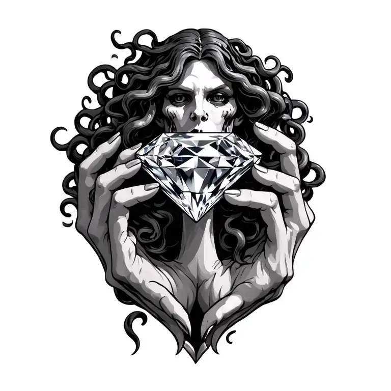 Beautiful medusa holding one large princess cut diamond with both hands tattoo design idea