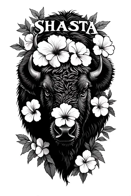 "SHASTA " bison outline filled with hibiscus flowers intertwined tattoo design idea