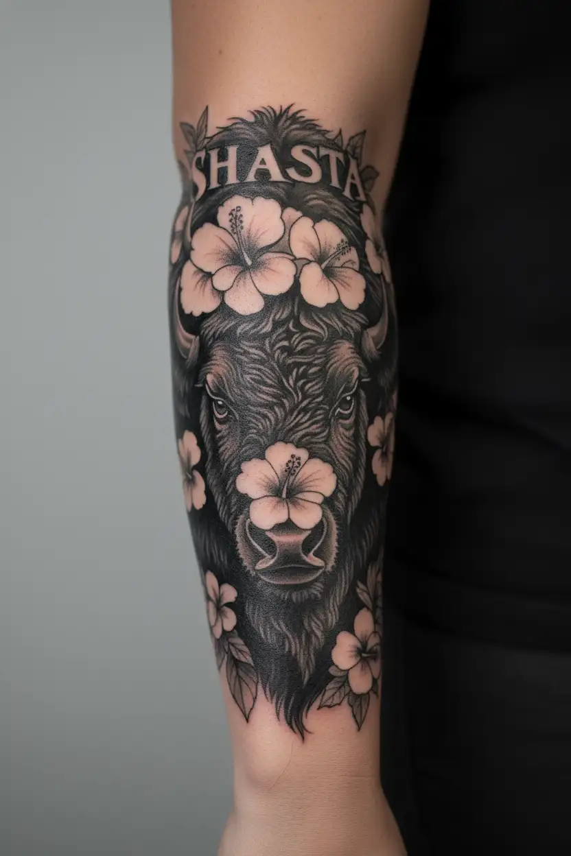 "SHASTA " bison outline filled with hibiscus flowers intertwined tattoo design idea
