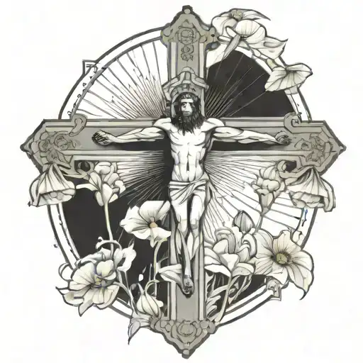 jesus christ on the cross in the middle of an opium poppy field tattoo design idea