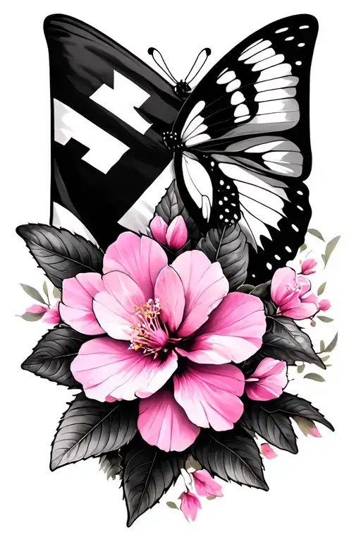 pink chery blossom flower with butterfly and Dominican flag blended into it tattoo design idea
