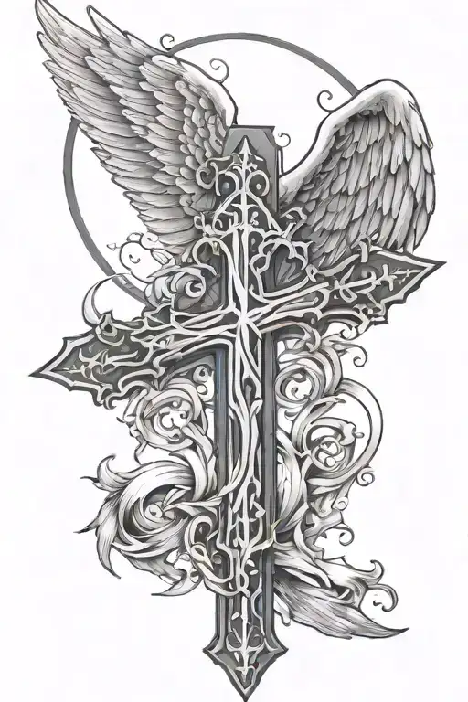 a hollow cross with angel wings and a moon  tattoo design idea