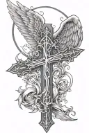 a hollow cross with angel wings and a moon  tattoo design idea