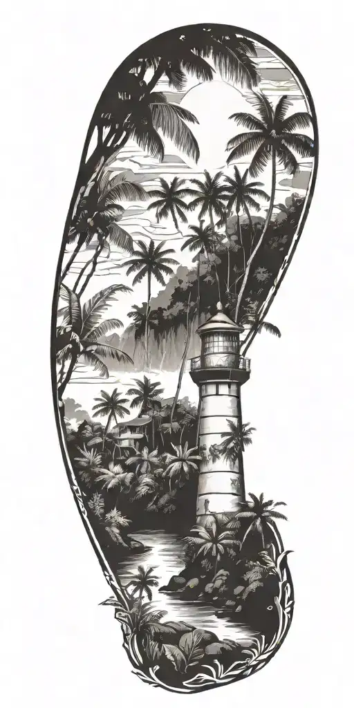 A Puerto Rican rainforest landscape with lighthouse in background  tattoo design idea