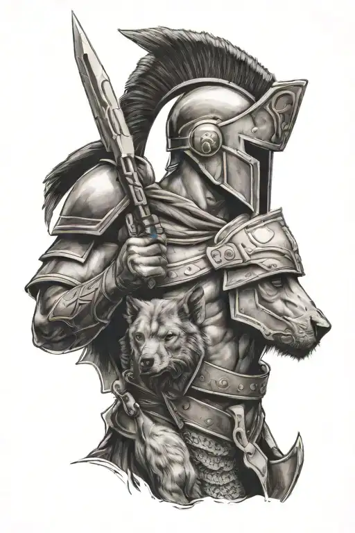 Spartan soldier, with a dog next to him looking at them tattoo design idea