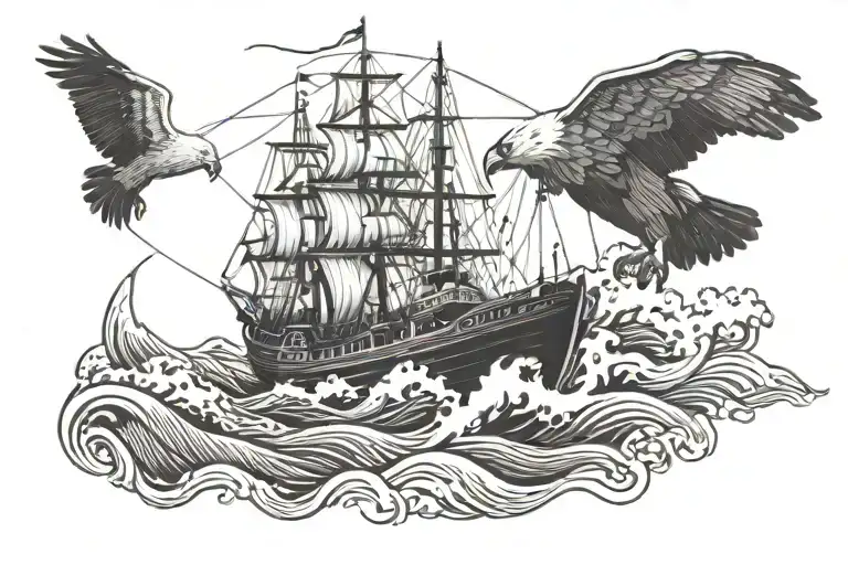 a tugboat in high waves with a eagle in the sky  tattoo design idea