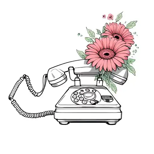 Vintage rotary dial phone with the handset off with gerbera flowers coming out of the handset speaker tattoo design idea