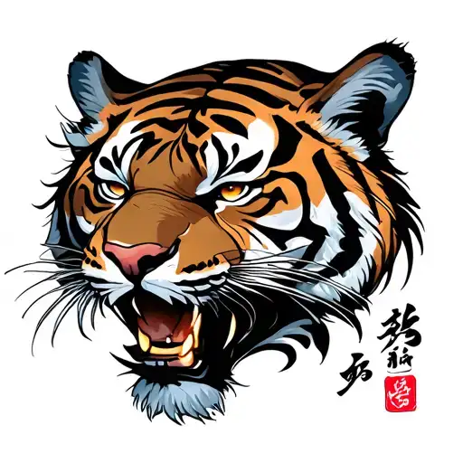 tiger head and japanese fliwers tattoo design idea