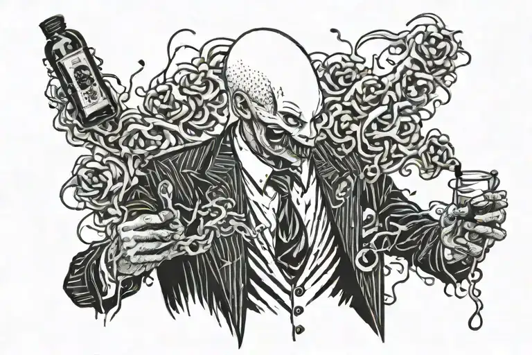 maniacal badass slender bald man in a suit, torso and face sardonically spraying a poof or thorny mist from a bottle tattoo design idea