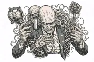 maniacal badass slender bald man in a suit, torso and face sardonically spraying a poof or thorny mist from a bottle tattoo design idea