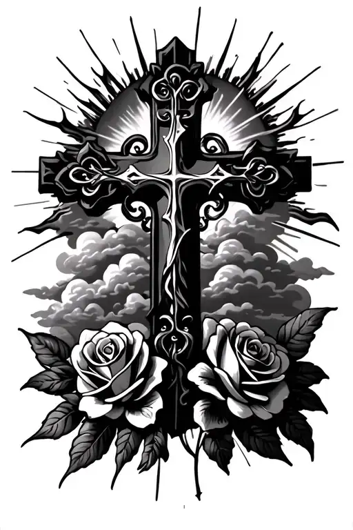 Román Catholic Cross with roses sun rays with misty clouds tattoo design idea
