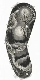 flowing waves, surrounded by a mystical forest scene, with subtle elements of sacred geometry and glowing stars in b&w tattoo design idea