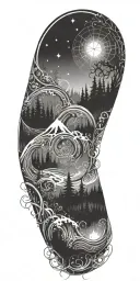 flowing waves, surrounded by a mystical forest scene, with subtle elements of sacred geometry and glowing stars in b&w tattoo design idea