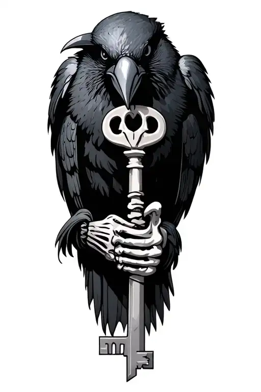crow holding a torch and a skeleton key  tattoo design idea