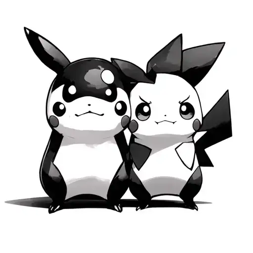 "Create a detailed and epic tattoo design featuring Pikachu and Mimikyu standing together in a powerful yet serene pose, tattoo design idea