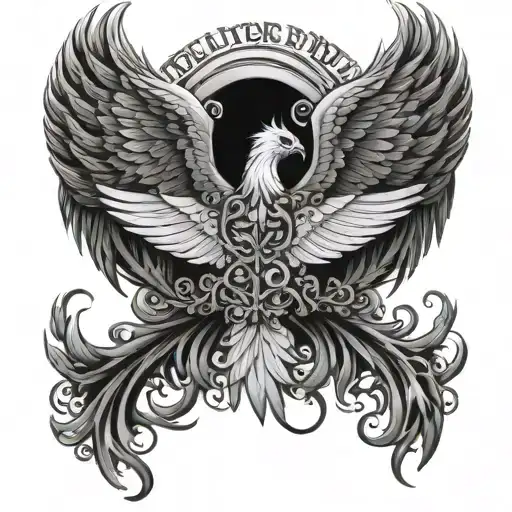 phoenix with wings and phrase Deliver me from all evil, amen tattoo design idea