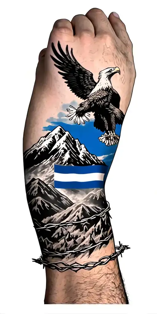 mountain scape near the wrist, blue line police flag on the bicep barbed wire wrapped around elbow and eagle on shoulder tattoo design idea