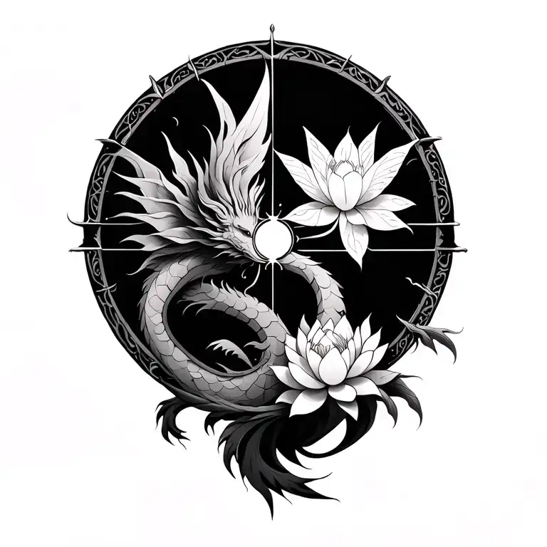 black, elegant, and ethereal Wheel of Time–inspired tattoo featuring a tribal dragon, fairy, and lotus tattoo design idea