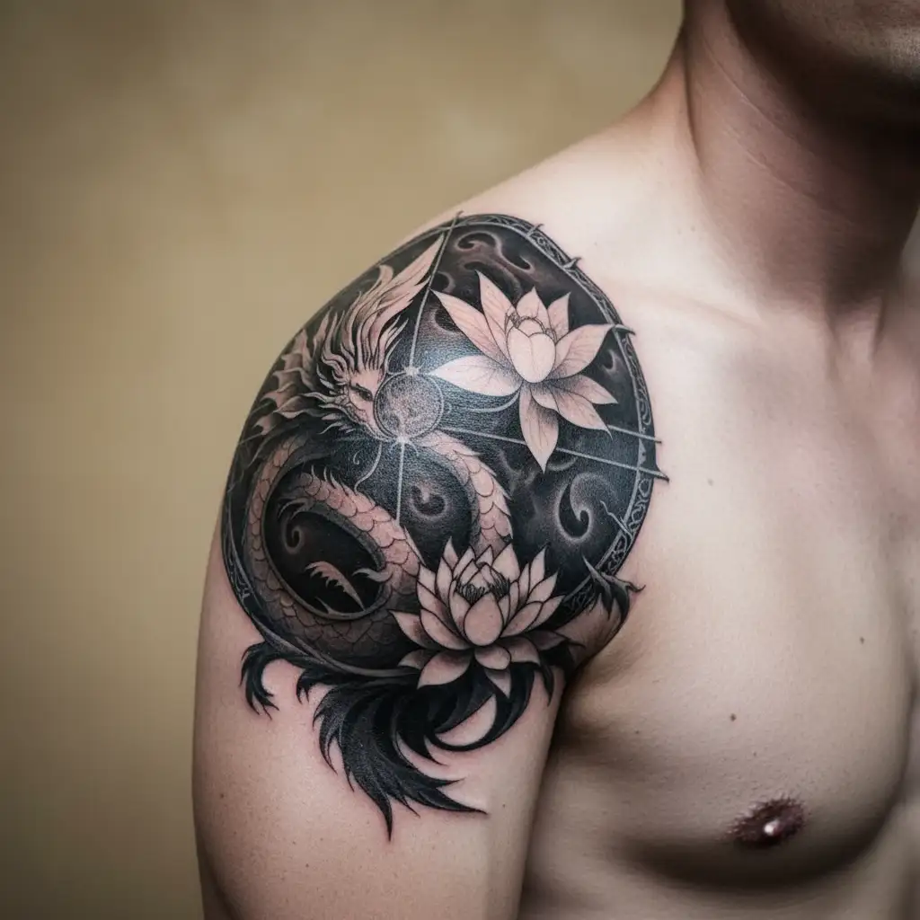 black, elegant, and ethereal Wheel of Time–inspired tattoo featuring a tribal dragon, fairy, and lotus tattoo design idea