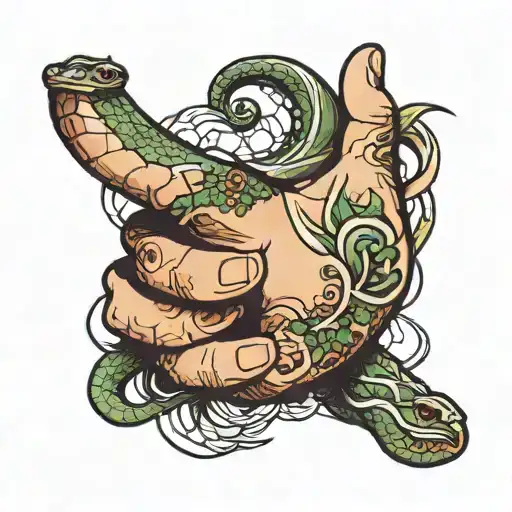 a left hand like the one from the Creation of Adam and a snake approaching as if to attack the hand tattoo design idea