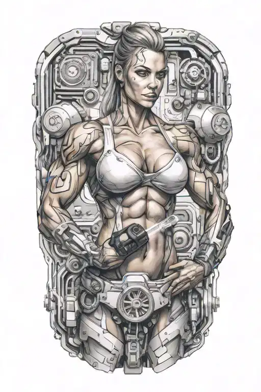 bodybuilder muscular women flexing bicep with technology circuits mechanic merging tattoo design idea
