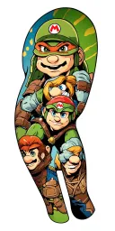a full arm sleeve of various scenes from zelda, ninja turtles, mario, marvel comics, dc comics, avatar the last air bend tattoo design idea