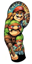 a full arm sleeve of various scenes from zelda, ninja turtles, mario, marvel comics, dc comics, avatar the last air bend tattoo design idea