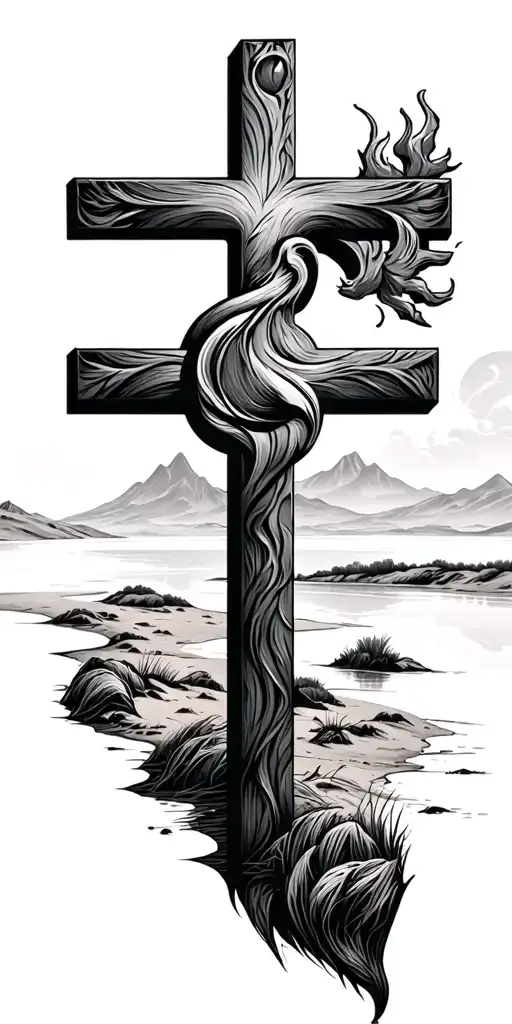 desert landscape, lakes all black grey tattoo, military cross tattoo design idea
