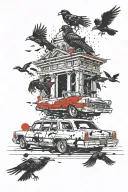 Cadillac hearse at a decrepit graveyard surrounded by ravens. tattoo design idea