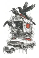 Cadillac hearse at a decrepit graveyard surrounded by ravens. tattoo design idea