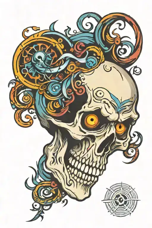 skull with vortex colorful eyes tattoo design idea
