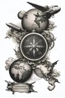 travel inspired tattoo featuring compass, plane, globe tattoo design idea
