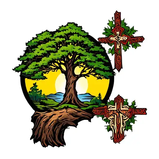 Cedar tree with cross intertwined tattoo design idea